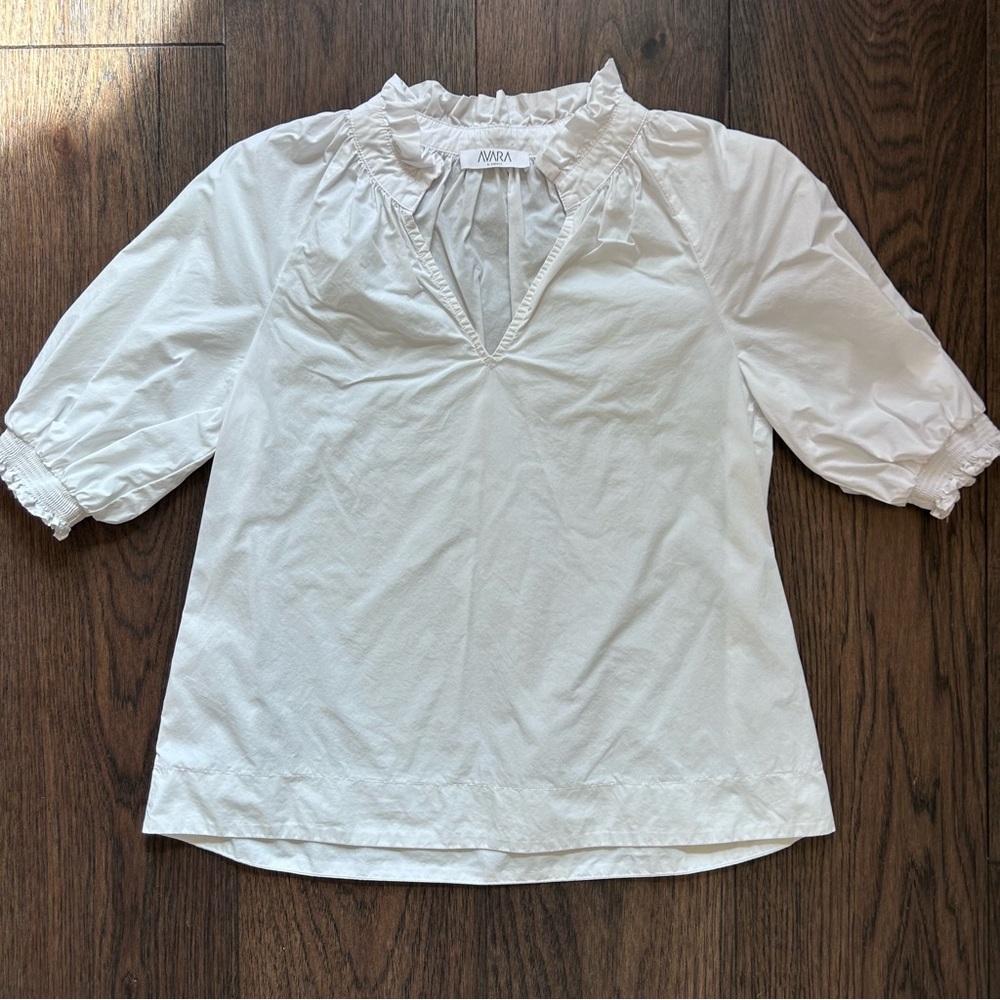 Avara white V Neck Ruffled Short Sleeve Blouse